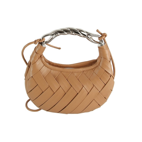 Woven Vegan Leather Metal Handle Shoulder Bag