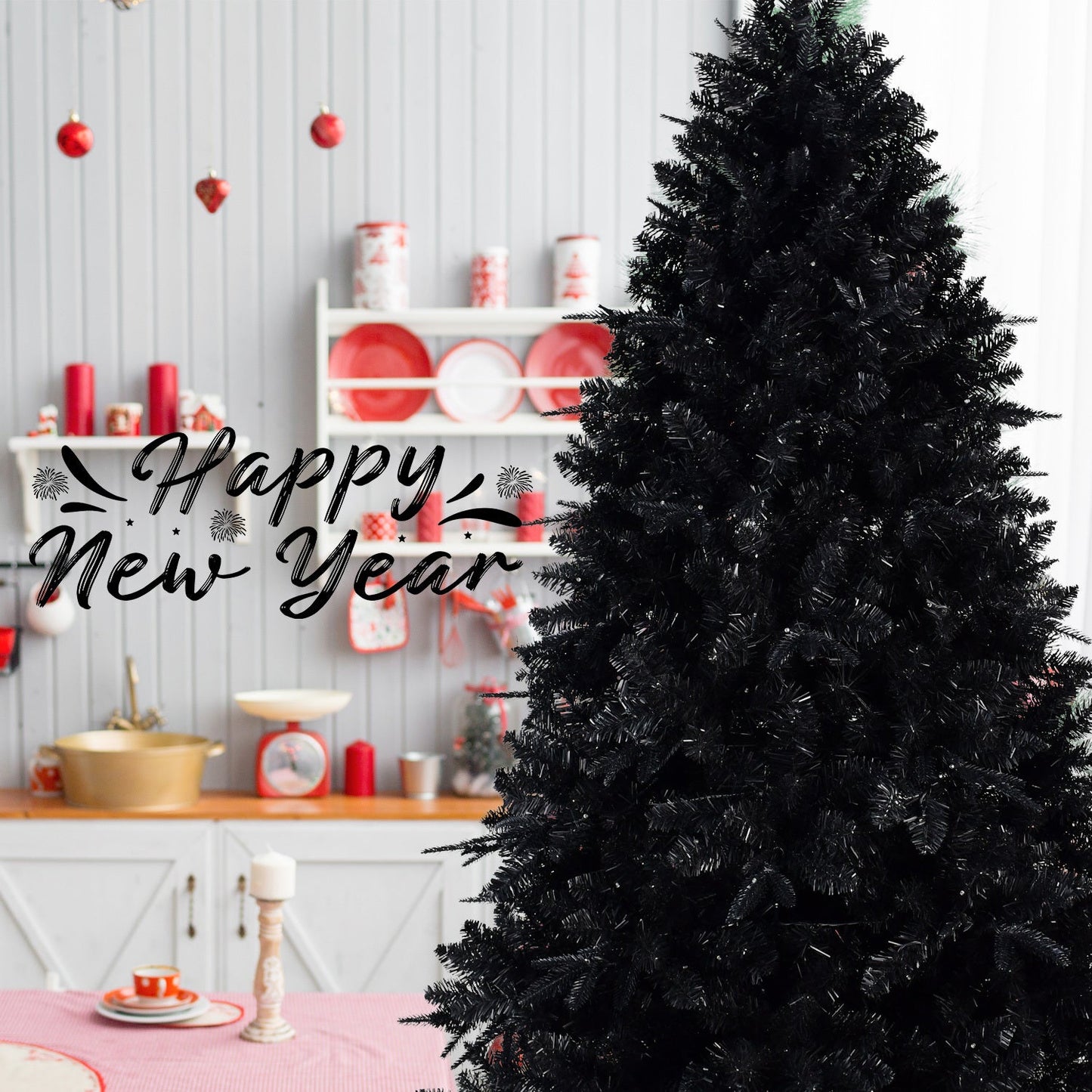 8ft Black Christmas Tree with 600 White LED Lights, 2486 Tips PE+PVC