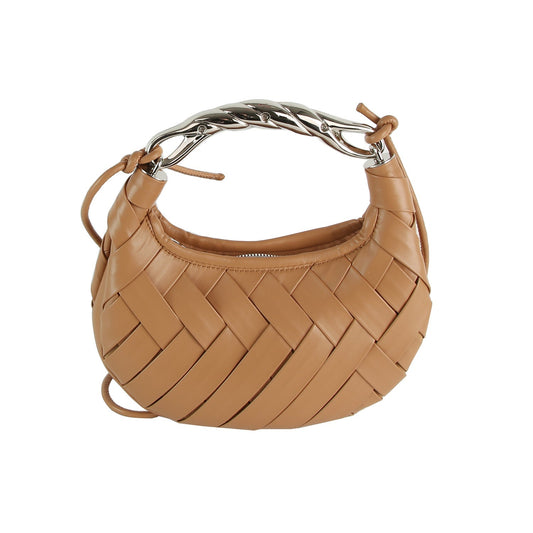 Woven Vegan Leather Metal Handle Shoulder Bag