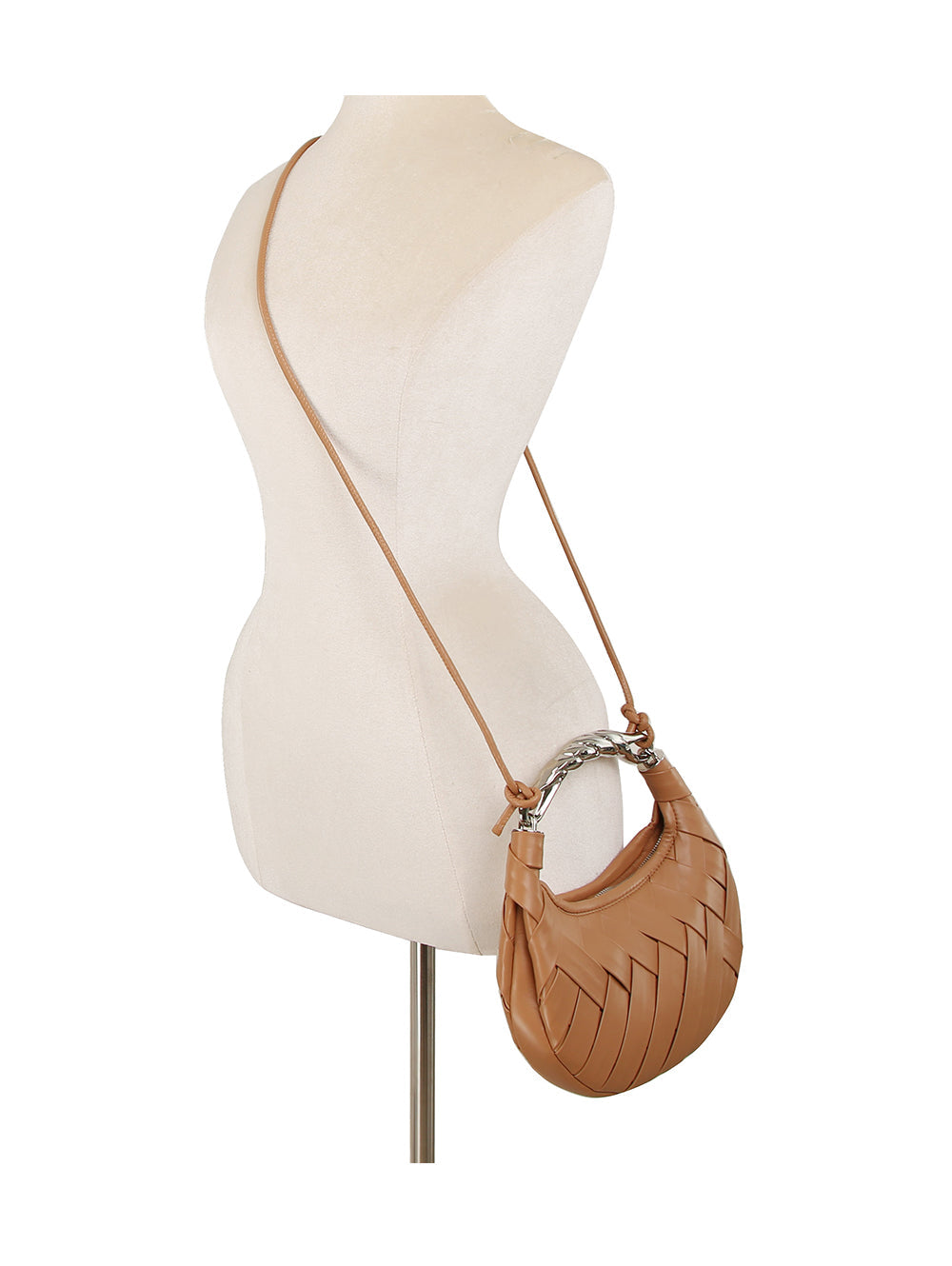 Woven Vegan Leather Metal Handle Shoulder Bag