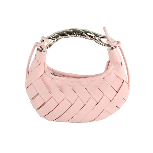 Woven Vegan Leather Metal Handle Shoulder Bag