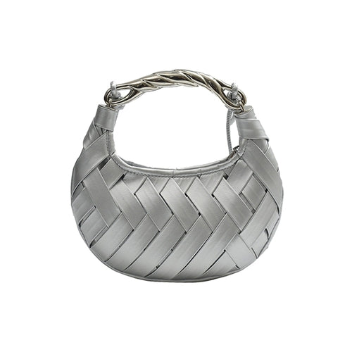 Woven Vegan Leather Metal Handle Shoulder Bag