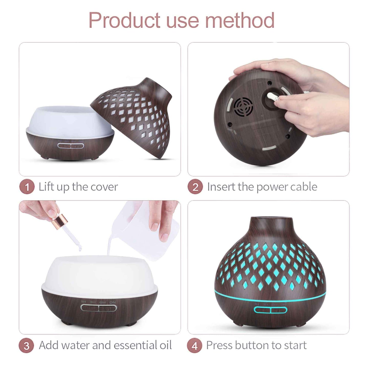 Essential Oil Aroma Diffuser and Remote - 400ml Hollowed Wood Mist