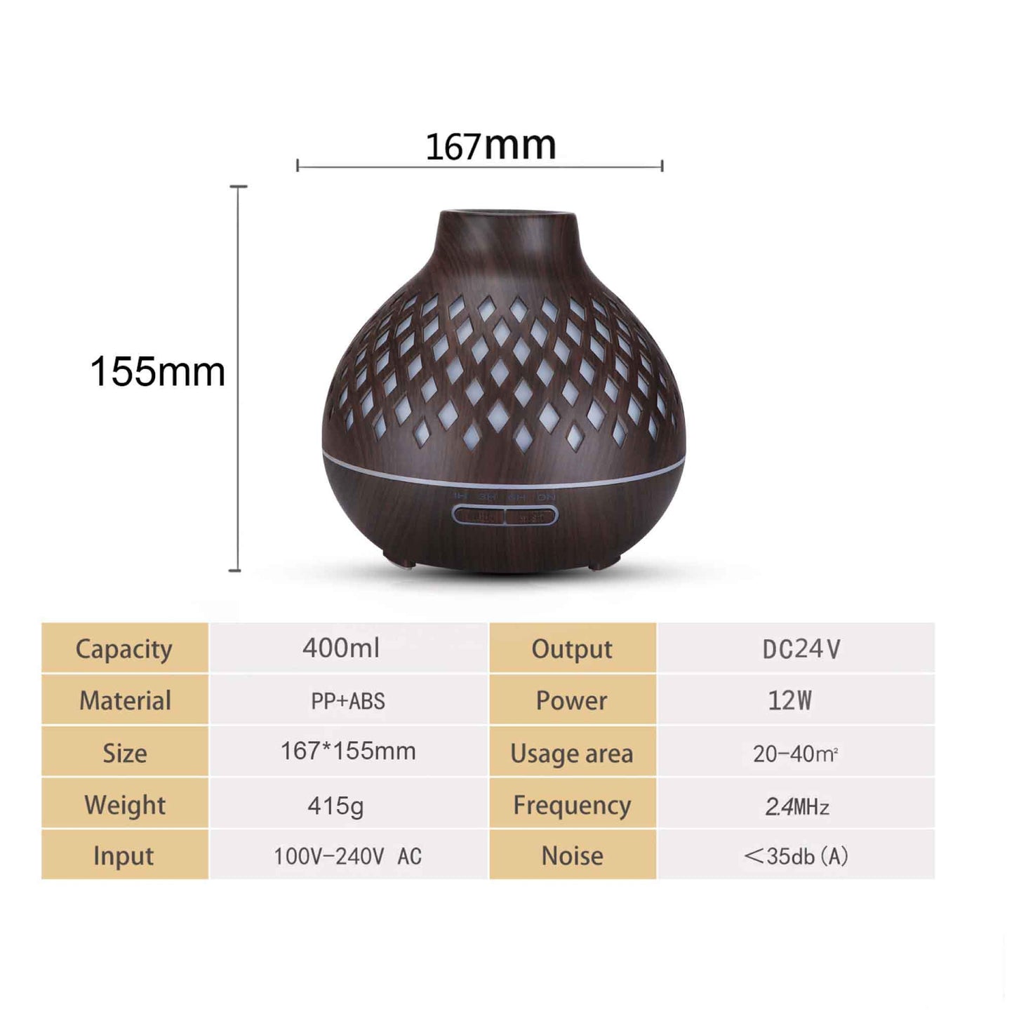 Essential Oil Aroma Diffuser and Remote - 400ml Hollowed Wood Mist