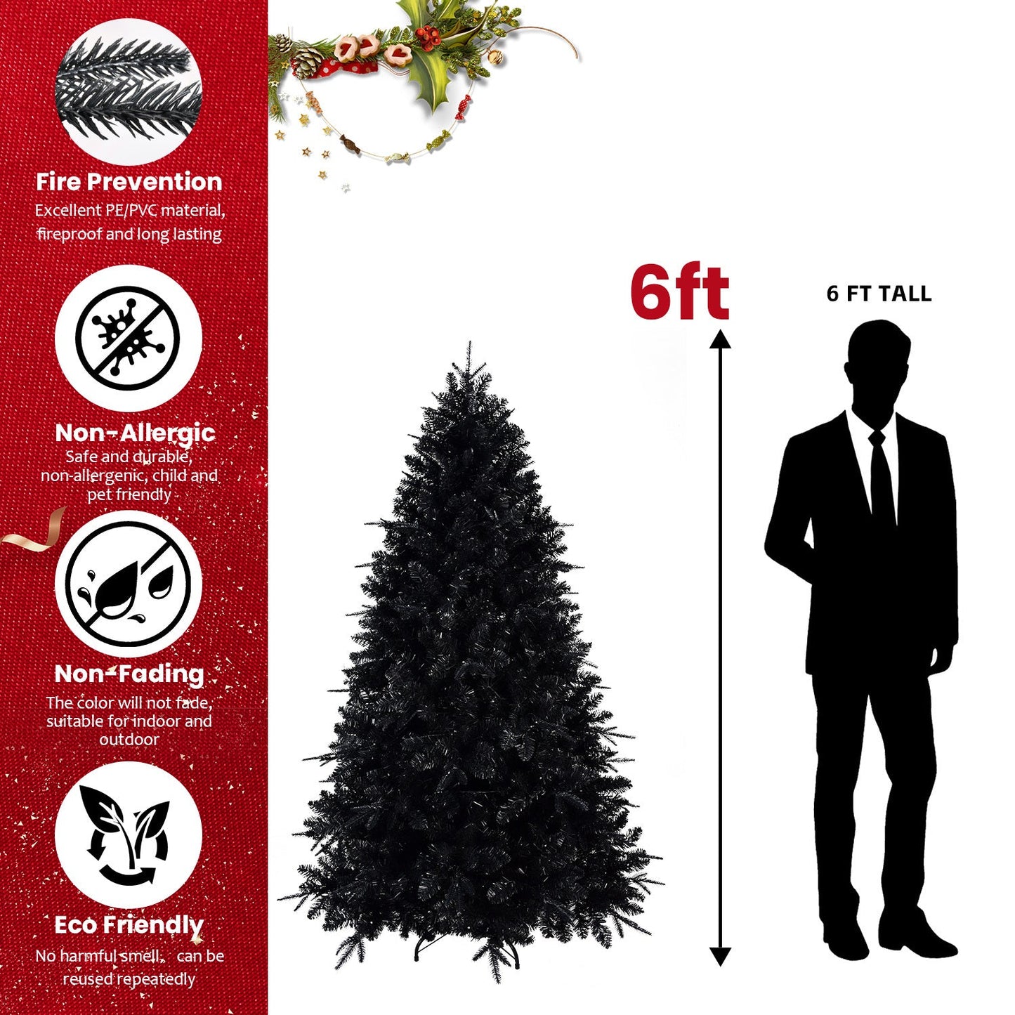 8ft Black Christmas Tree with 600 White LED Lights, 2486 Tips PE+PVC